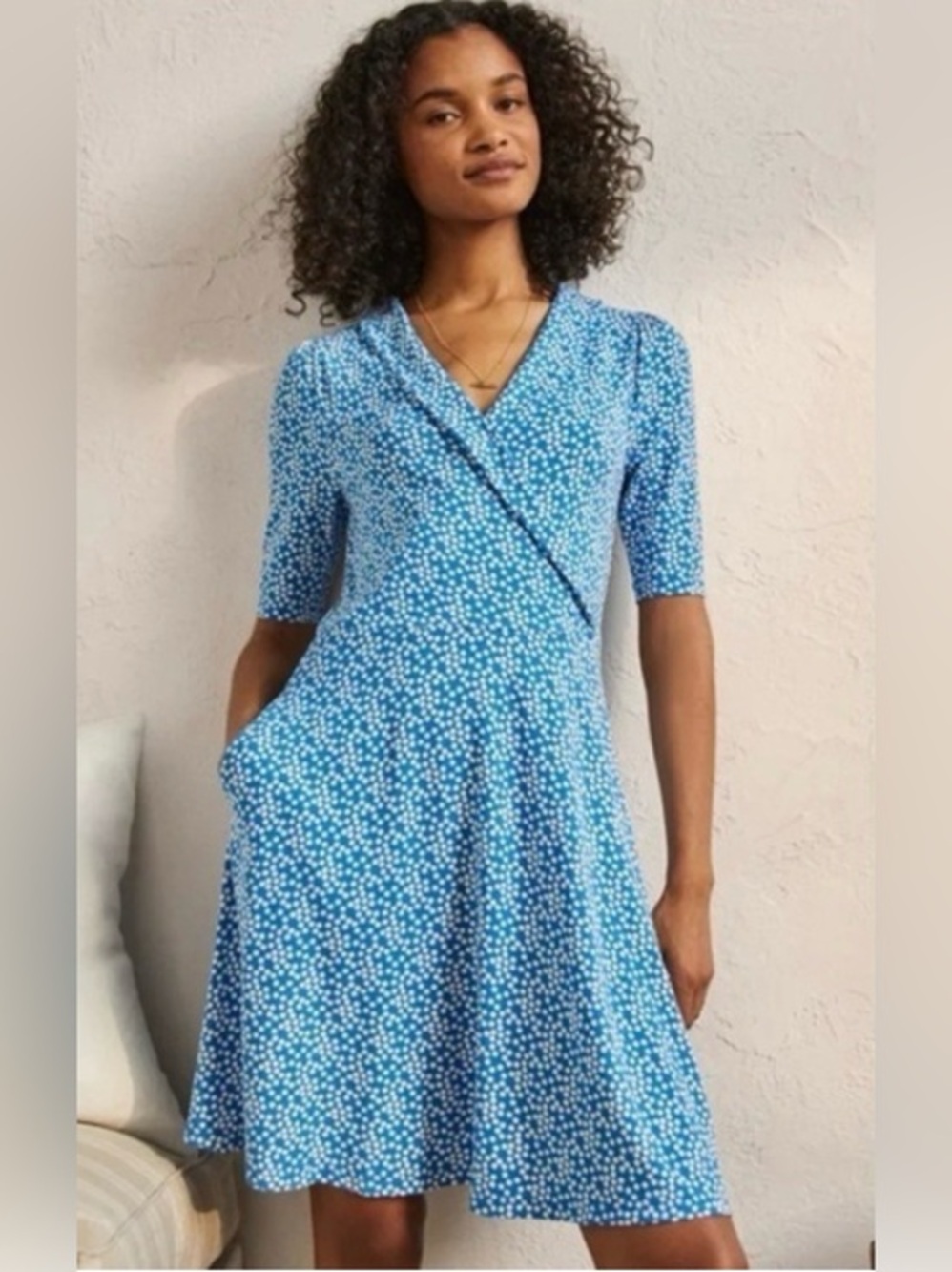 Boden Blue Spot Faux Wrap Jersey Dress Elbow Sleeve Tall 6L EUC #1122